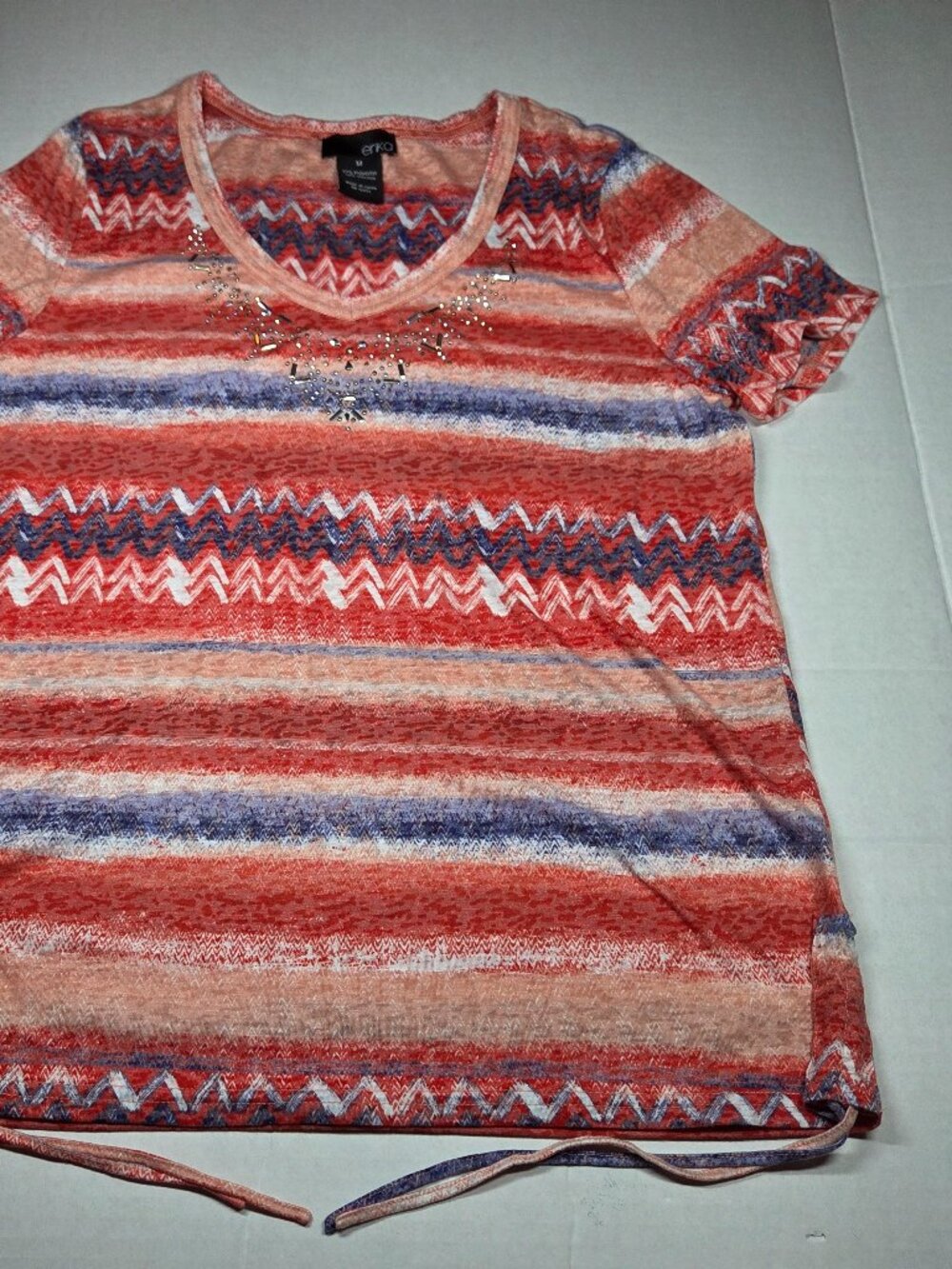 Erika‎ Striped Knit Top Orange Blue White Rhinestone V-Neck Short Sleeve Medium